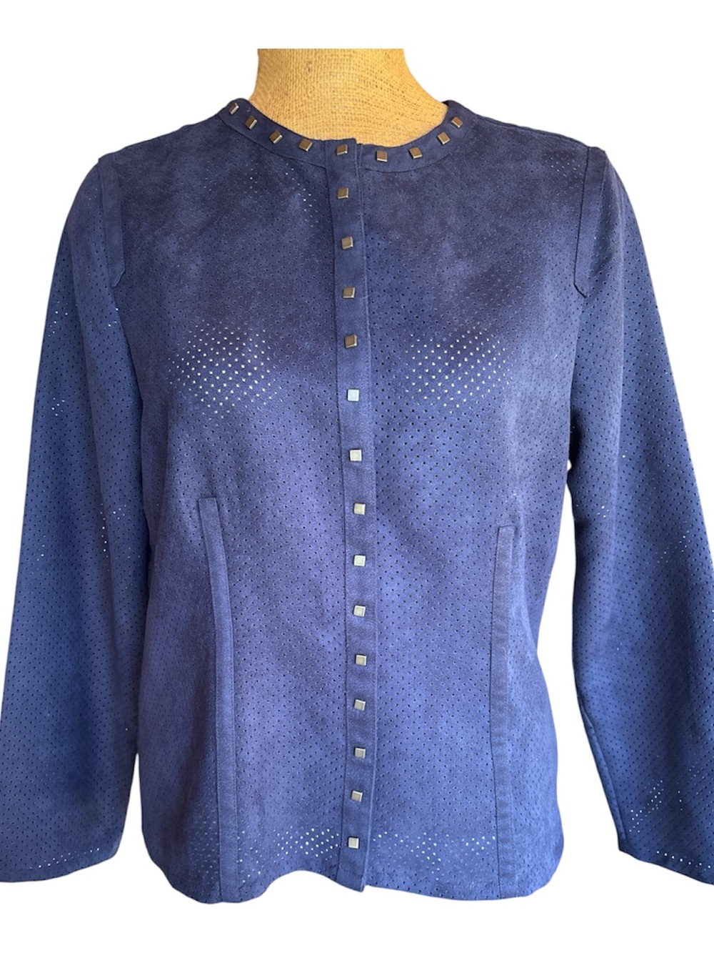 Chico's Perforated Navy Suede Jacket with Square Stud Trim